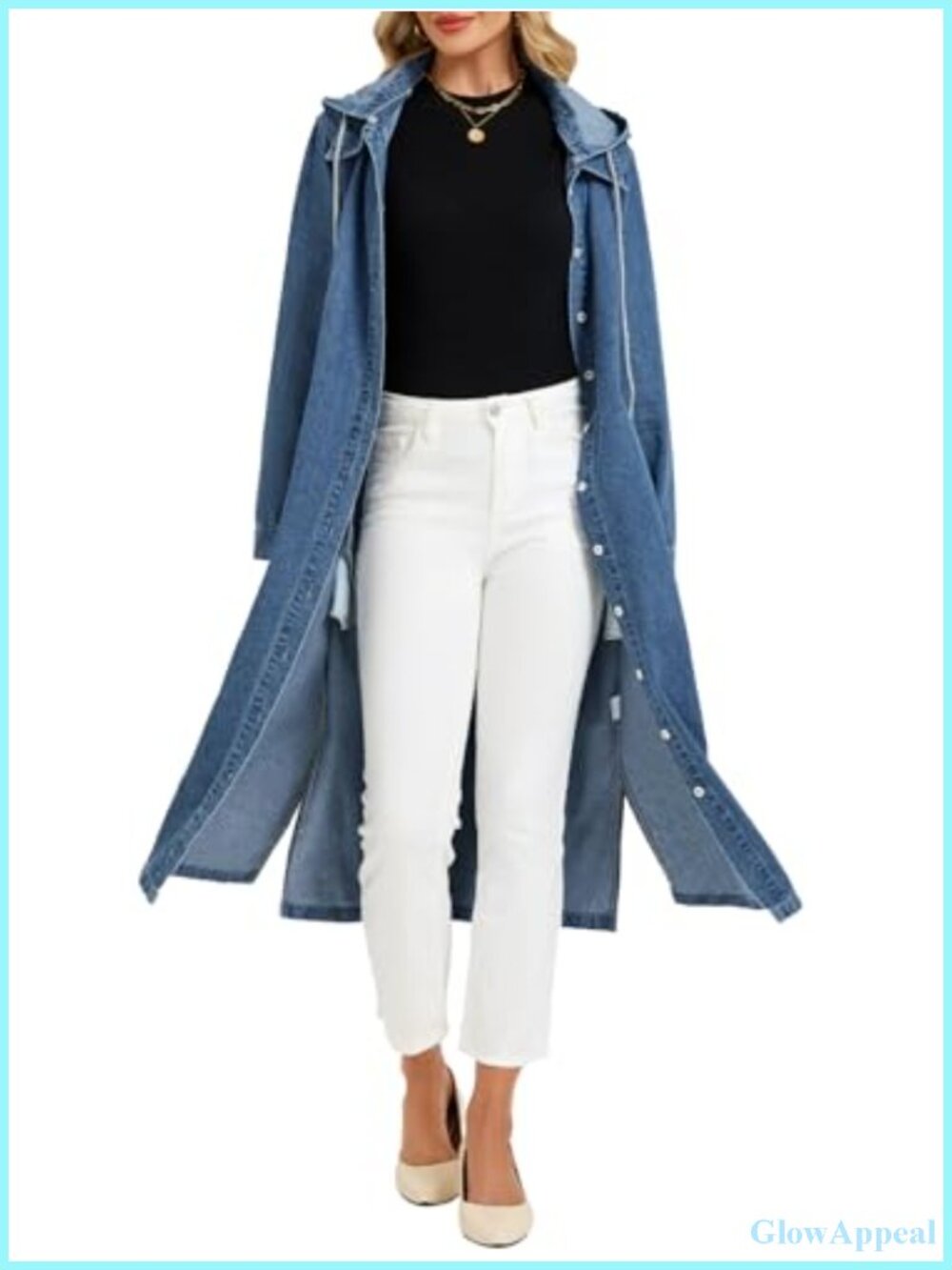Women's Long Denim Jacket Maxi Trench Coat Hooded Drawstring Oversized